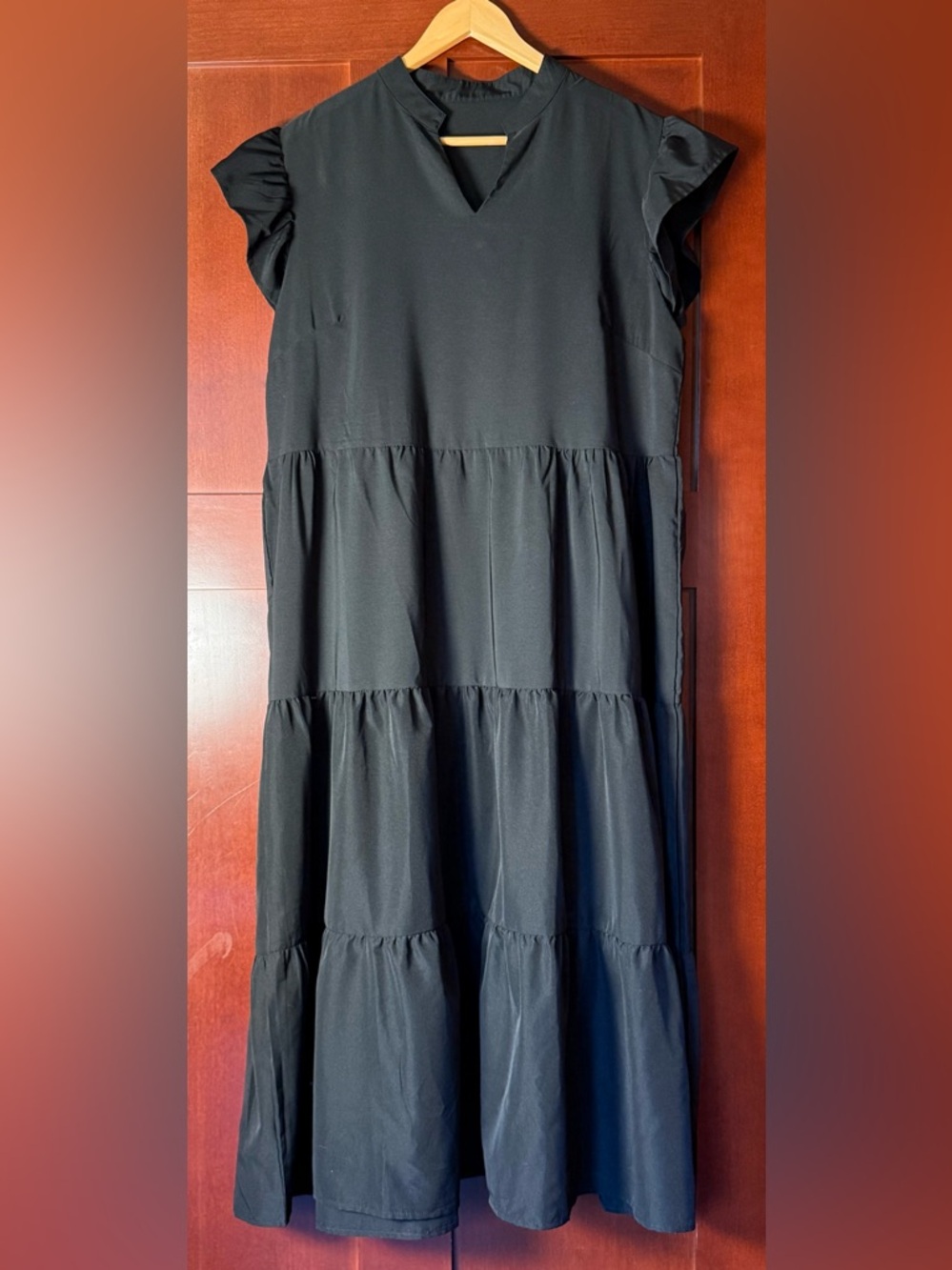Lightweight Black Tiered Midi Dress With Ruffle Sleeves NWOT Size XL